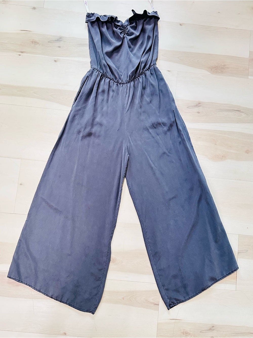 Karina Grimaldi strapless silk jumpsuit Sz M elastic waist ruffled neckline